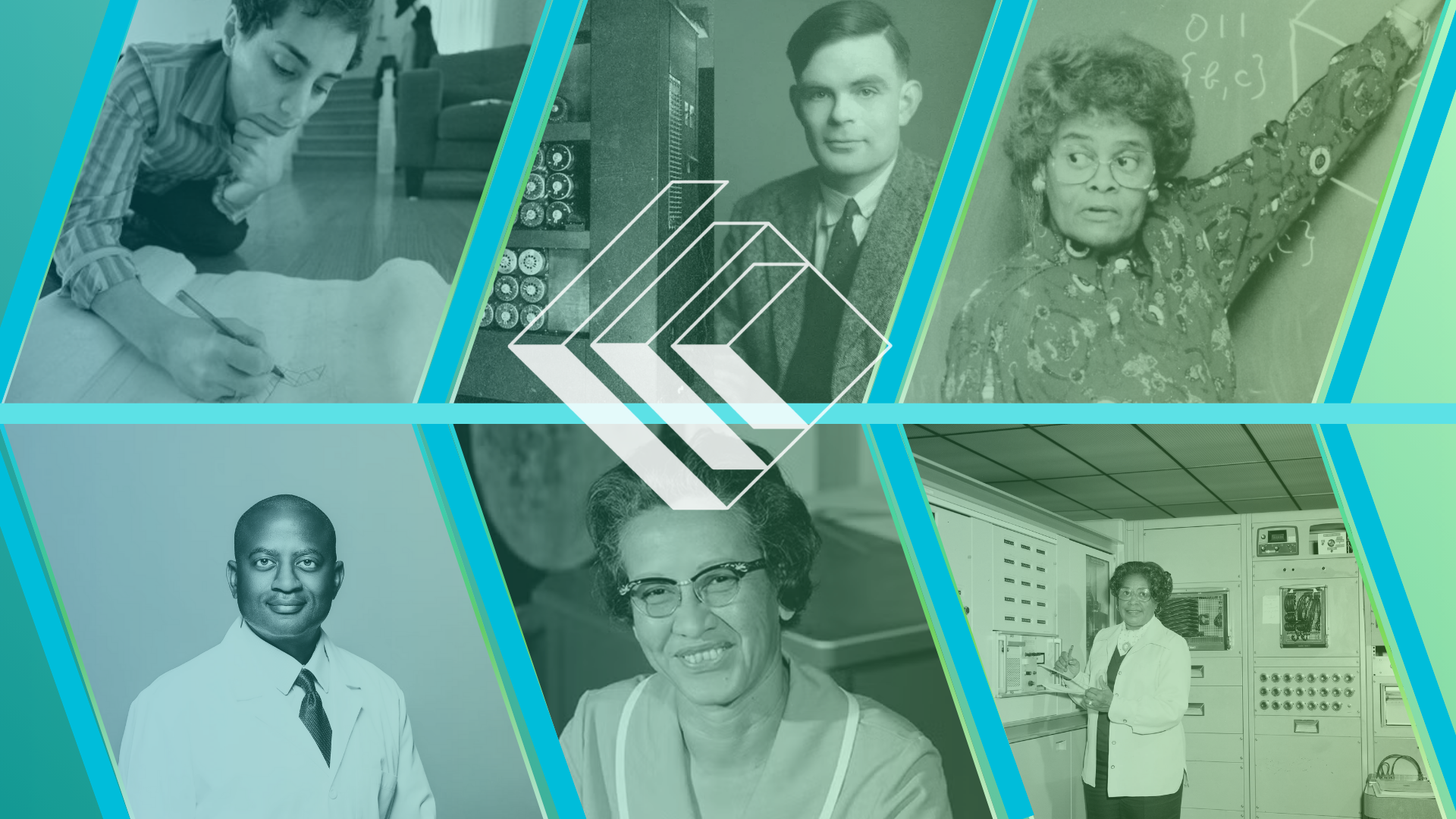 Thumbnail for the Mathematician Mosaic. Consists of pictures of six mathematicians.
