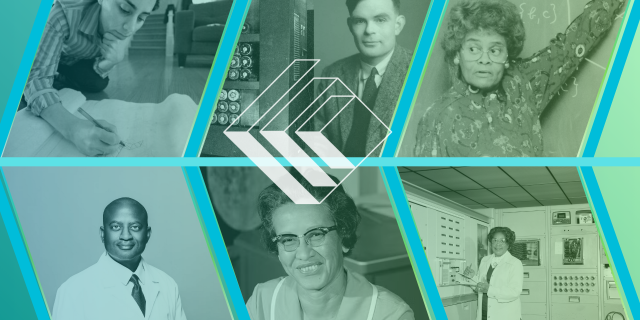 Thumbnail for the Mathematician Mosaic. Consists of pictures of six mathematicians.