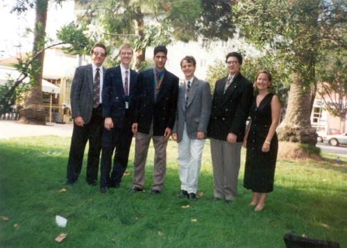 IOI 1998 team from Canada - Barry Ferguson (Leader), Graeme Kemkes, Neil Girdhar, David Arthur, David Pritchard, and Michelle Debeyer (Sybase Representative)